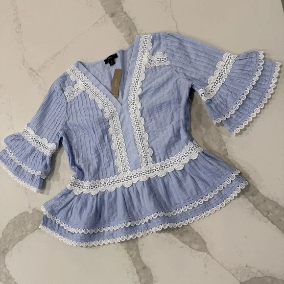 J. Crew NWT Pleated V-Neck Ruffle Sleeve Peplum Blouse Lace Trim Women’s XS Blue - Picture 3 of 10